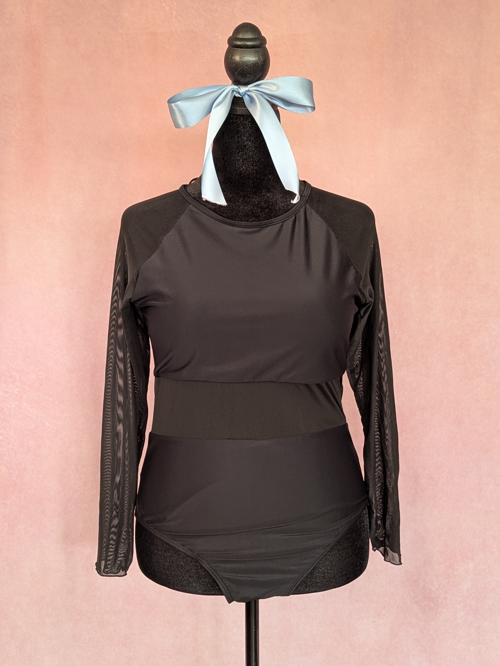Black Long Sleeve One-Piece Swimsuit | Sheer Mesh Sleeves & Open Back